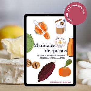 Peut inclure: Une tablette affiche une couverture de livre intitulée "Maridajes de quesos", avec des illustrations d'aliments et de boissons. Un cercle rouge avec le texte "Nuevo 352 Maridajes" est en haut à droite. La couverture a un design aquarelle.