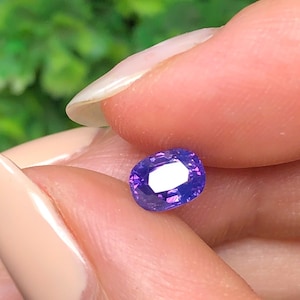 Puede incluir: Una gema facetada, de forma ovalada, de color púrpura intenso. La gema tiene una faceta rectangular blanca y brillante en el centro, que refleja la luz. La piedra se sostiene entre los dedos, con un fondo verde borroso.