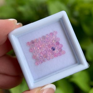 May include: A collection of small, pink gemstones displayed in a white, square container. The gemstones vary in shades of pink, with a single, darker purple gemstone among them. The container is held against a blurred green background.