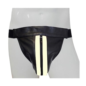 Genuine Leather Jockstrap White Stripes G - String Jock Strap Fits From 32&quot; To 42&quot; Waist Handmade 2022