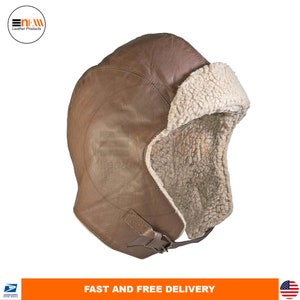 Winter Genuine Leather Hat Aviator Pilot Ski Fur Military Army Airman Cap