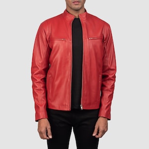 Men&#39;s Original Red Leather Jacket Handmade Motorbike Riding Zipper Coat Slim fit