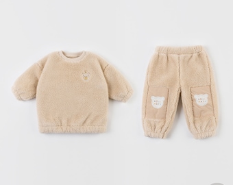 Dodi Beige Fleece Baby Top and Bottom Set, Fleece Lined Baby Clothes, Baby Winter 2 piece Set, Sweatshirts and Jogger Set, Baby Boy Top,