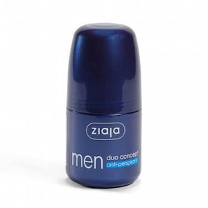 Peut inclure: Un flacon de déodorant roll-on bleu foncé avec la marque "ziaja" en blanc. Le texte "men duo concept anti-perspirant" est également visible. Le flacon a un dessus arrondi et une base cylindrique.
