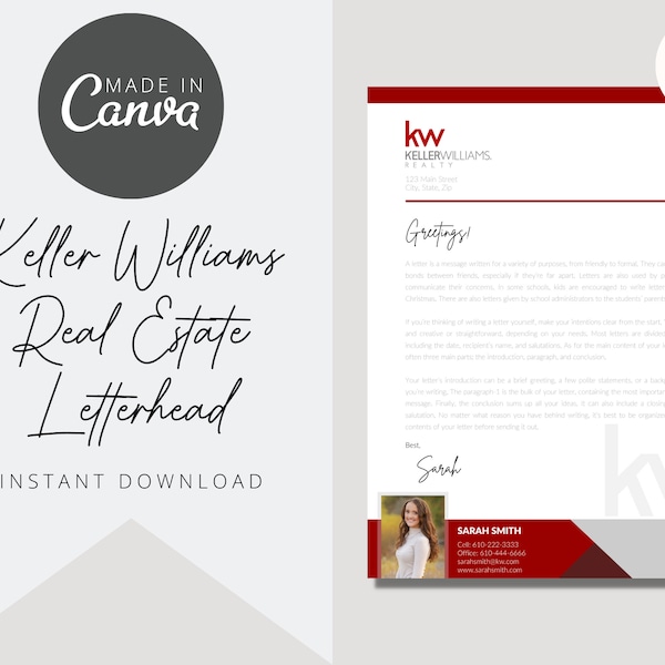 Keller Williams Letterhead | Real Estate Letterhead Template | For Realtors | Canva Template | Instant Download | Real Estate Marketing