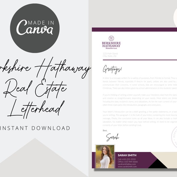 Berkshire Hathaway Letterhead Template | Real Estate Letterhead | For Realtors | Canva Template | Instant Download | Real Estate Marketing