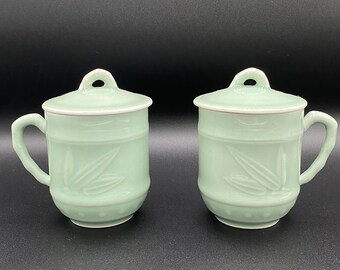 Celadon Bamboo Leaves Design Canecas de chá com tampa - Vintage