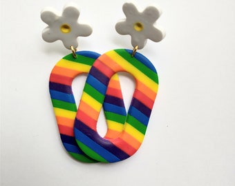 Flower + Rainbow = Happy Earrings, Polymer Clay Earrings