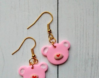 Pink Teddy Earrings, Polymer Clay Earrings