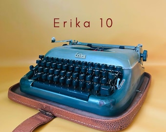 Working Typewriter Erika 10 Green 1960s Typewriter with Leather Case German Manual Typewriter QWERTY Gift Writer Modernist Office Typewriter