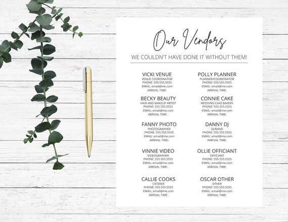 Wedding Vendor Organizer and Contact List Template