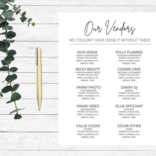 Wedding Vendor Organizer and Contact List Template