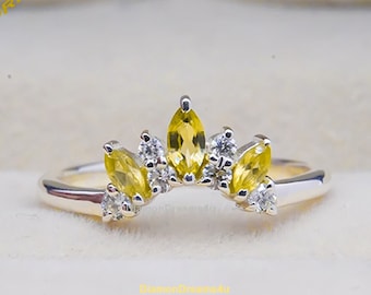 Citrine Engagement Ring - Handcrafted Chevron Band - Elegant November Birthstone Jewelry Citrine Curved Wedding Band, Mothers Day Gift