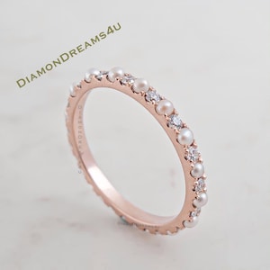 Pearl and Diamond Eternity Ring in 14k Rose Gold - June Birthstone Band - Mother&#39;s Day Gift Idea - Pearl band for Women - Stacking band