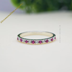 Natural Ruby Wedding Band for Women , 925 Sterling Silver Ruby Half Eternity Band, Anniversary Ring, Promise Ring, Mothers Day Gift Jewelry
