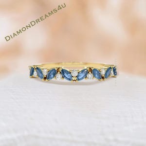 London Blue Topaz Wedding Ring, Vintage Blue Topaz moissanite Rose gold wedding Ring Half eternity Marquise cut, Minimalist gift for Women