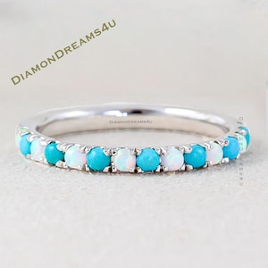 Anillo de eternidad de ópalo turquesa natural, anillo de ópalo para mujer, anillo de piedra preciosa personalizado, anillo de plata esterlina, anillo de bodas apilable de turquesa