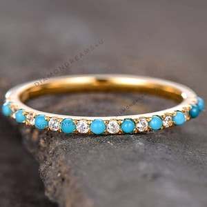 Alliance turquoise, demi-anneau d&#39;éternité turquoise naturel, anneau d&#39;éternité, anneau en argent sterling plaqué or jaune, anneau de pierre de naissance