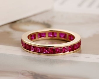 Ruby Wedding Band, 14k Yellow Gold Band, Ruby Eternity Band, July Birthstone, Stacking Ring, Matching Band, Engagement Ring, Gift For Her