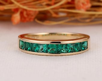 Emerald Wedding Band, 14k Gold Emerald Band, Emerald Half Eternity Ring, May Birthstone Ring, Stacking Band, Promise Ring, Mothers Day Gift