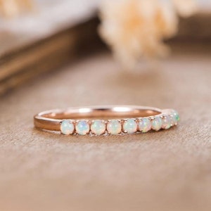 Natural Opal Eternity Ring, Opal Half Eternity Band, Opal Wedding Band, Sterling Silver Band , Dainty Opal Ring, October Birthstone Ring