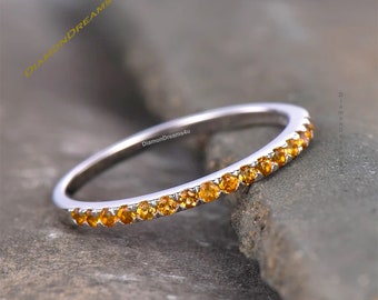Citrine Wedding Band, Citrine Half Eternity Band, Sterling Silver Band, Matching Stacking Ring, November Birthstone Ring, Gift For her Women