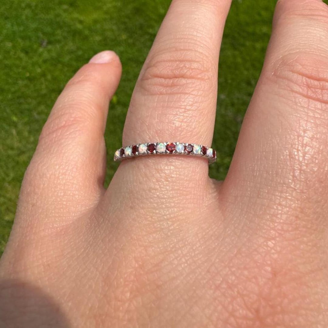 Opal Garnet Wedding Band, Opal and Garnet Half Eternity Band