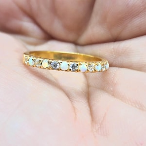 Unique Opal Rings for women, Opal Half Eternity Ring, Sterling Silver Opal Ring, Opal Wedding Band, Opal Stacking Ring, Birthstone Ring