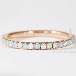 Natural Opal Eternity Ring, Opal Half Eternity Band, Opal Wedding Band, 14k Rose Gold Ring, Dainty Opal Ring, October Birthstone Ring