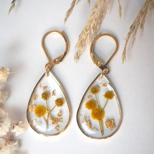 Pressed flowers wattle mimosa acacia dainty gold flakes Epoxy Resin drop dangle earrings gifts under 20 for her hypoallergenic huggies hoop