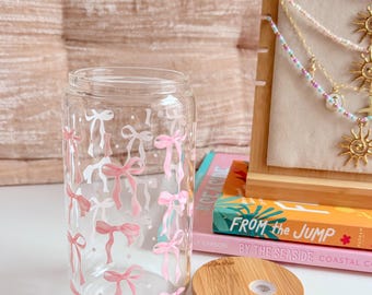 Floral Bow Libbey Glass Can Cup | Bamboo Lid & Straw