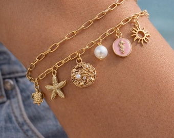 Gold Charm Bracelet, Coastal Beach Jewelry, Starfish, Seashell