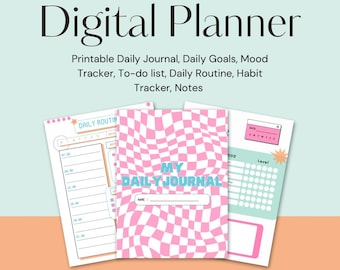 May include: A digital planner with a pink and white checkered pattern. The planner includes sections for daily routines, goals, mood tracking, to-do lists, and notes.