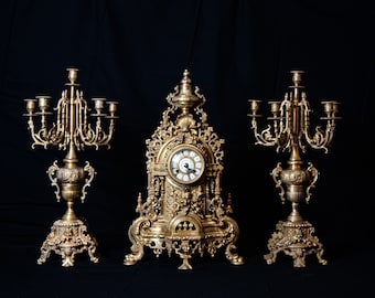 Vintage Mantle Clock and Candelabra Set, Italian