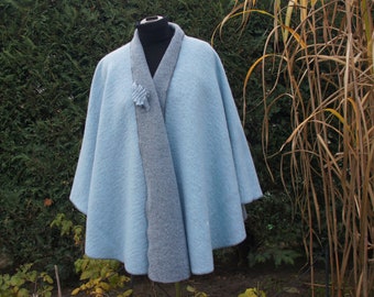 Women's reversible wool cape / poncho / cloak in light blue-ice blue, royal blue, grey, black, brick red, mustard - handmade