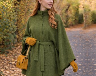 Mantella con cintura, mantello sartoriale, cappotto oversize da donna in lana, realizzato in 100% lana infeltrita, verde muschio oliva, cargo, kaki, verde militare, verde militare - lana cotta