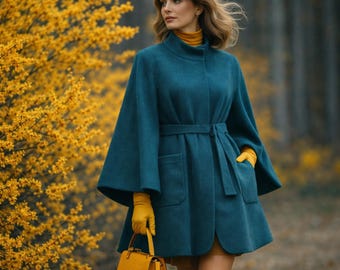 Cappotto a mantella da donna in lana - giacca a mantella oversize da donna realizzata in 100% lana petrolio verde acqua oceano profondo blu pavone verde smeraldo scuro - lana cotta