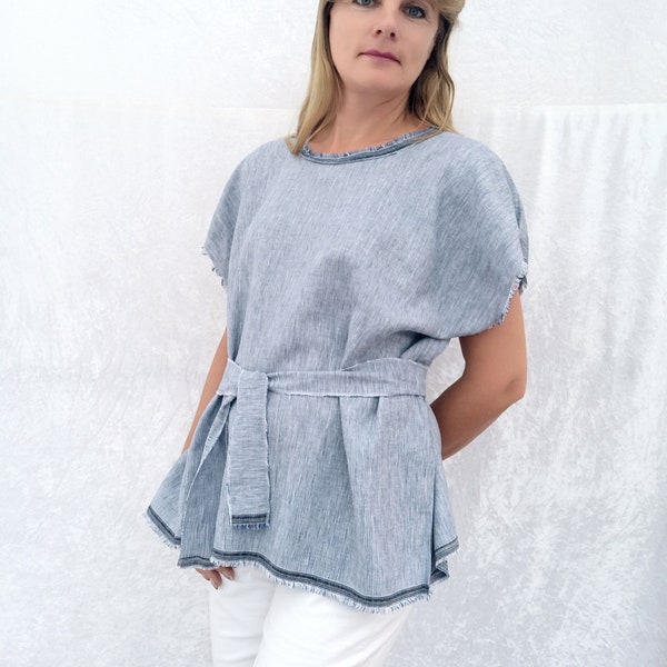 Oversize T-Shirt - Sommer Damen Leinen Tunika  in Blau-Weiß - handgefertigt