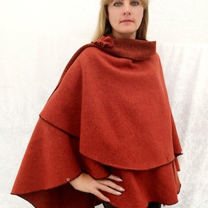 Ladies wool reversible cape / poncho / cloak in terracotta & orange, red, old pink, wine red, mustard - handmade