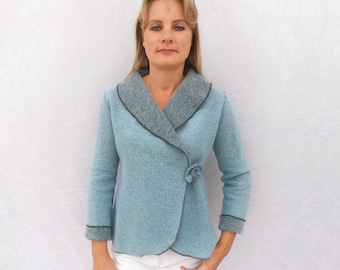 Chaqueta reversible, blazer reversible para mujer - 2 en 1, confeccionada en lana hervida en color rosa antiguo y azul claro - hecha a mano