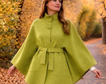 Cappotto a mantella da donna, cappotto oversize in lana, giacca a mantella da donna realizzata in 100% lana nei colori Pistacchio, Lime, Wasabi, Verde, Chartreuse, Lemongrass - lana cotta