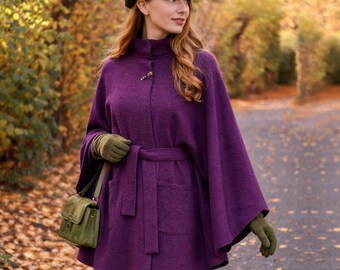 Cappotto a mantella da donna in lana - Giacca a mantella oversize da donna realizzata in 100% lana cotta, viola, melanzana, mora - lana cotta