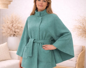 Cappotto da donna a mantella in lana - Oversize 100% lana - Aqua Jade Morning Dew Celadon Seafoam Sage-Aqua Spearmint - lana cotta