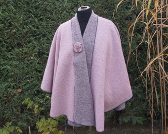Women's reversible wool cape / poncho / cloak in old pink, terracotta & orange, red, wine red - handmade