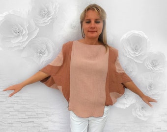 Chemise et pantalon enveloppe origami femme été 100% mousseline de coton abricot & rose crème poudré fait main