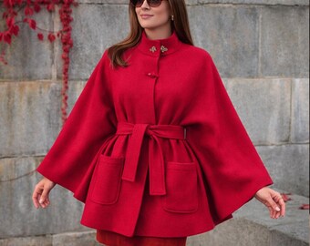 Cappotto-mantella da donna in lana - Oversize, 100% lana - Lana cotta italiana, Rosso, Rosso segnale, Rosso corsa - lana cotta - Fatto a mano