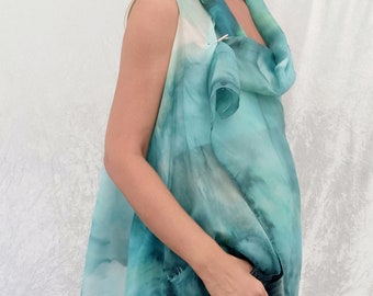 Chemisier foulard en soie turquoise fabriqué à partir de soie de mûrier 100% pure luxe en XS à 3XL en bleu, turquoise, aqua, menthe - long peint à la main