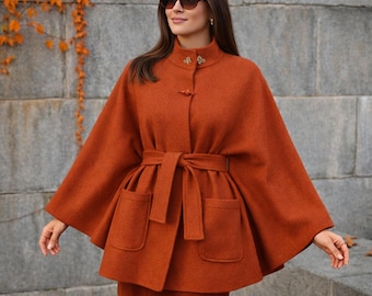 Cappotto-mantella da donna in lana - Oversize, 100% lana - Lana cotta italiana, Rosso, Rosso segnale, Rosso corsa - lana cotta - Fatto a mano