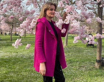 Cappotto di lana - Giacca oversize da donna con cappuccio realizzata in 100% lana - Lana cotta italiana rosa - lana cotta - fatta a mano