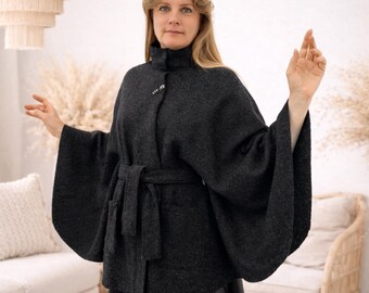 Cappotto a mantella da donna, cappotto oversize in lana, giacca a mantella da donna realizzata al 100% in lana italiana mélange nera - lana cotta - fatta a mano